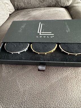 LOULU Three-Tone Hinged Bangle Set - Silver, Gold, Rose Gold